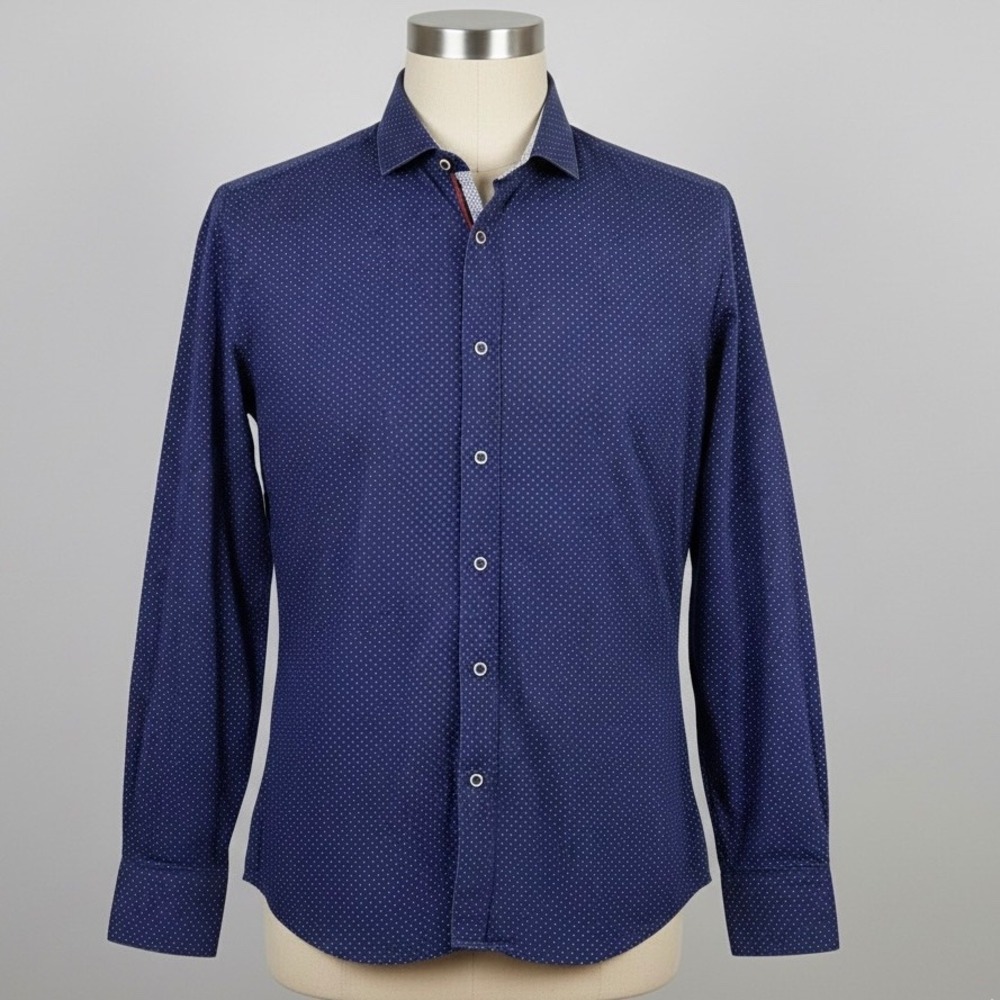 7 Downie St London Couture Dress Shirt Men's 5 Medium Blue White Dot Long Sleeve